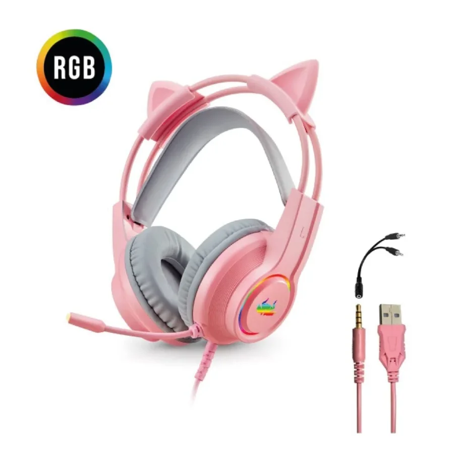 Headset gamer rosa com orelhas de gato RGB