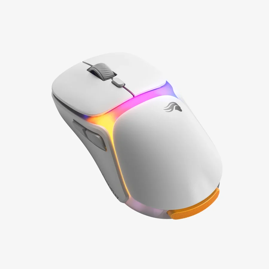 Mouse gamer sem fio branco com luz RGB