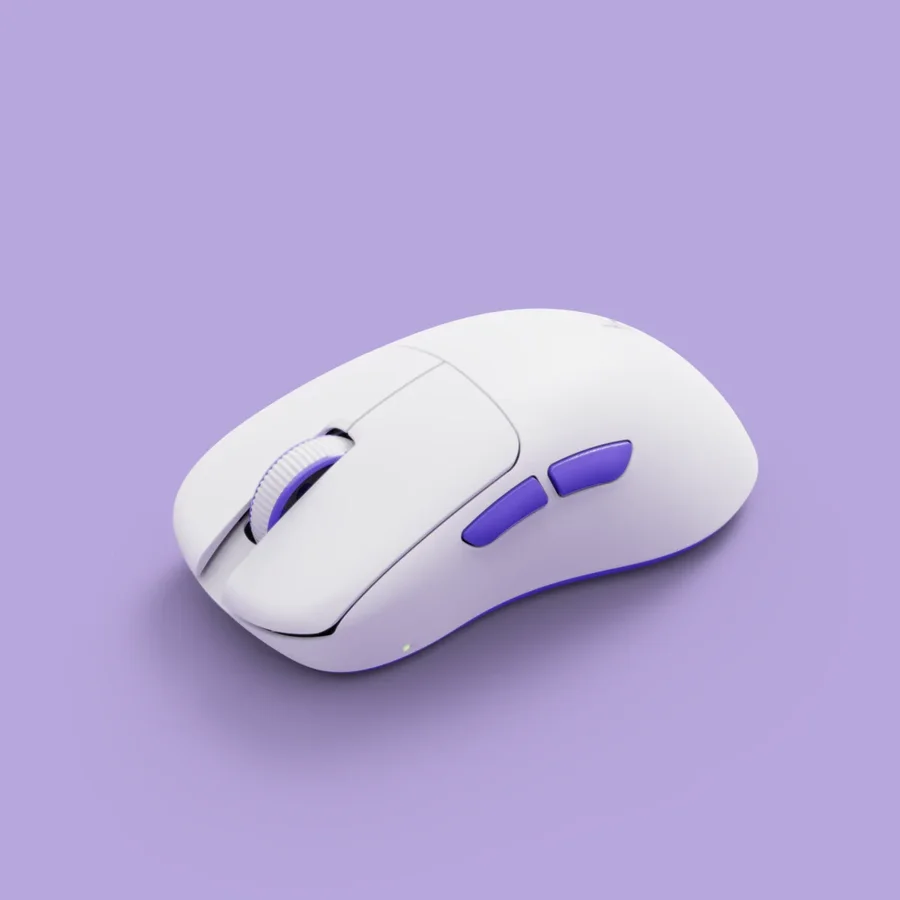 Mouse gamer sem fio branco e roxo