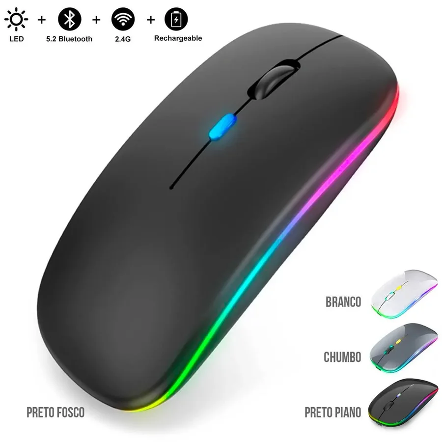 Mouse sem fio LED Bluetooth recarregável